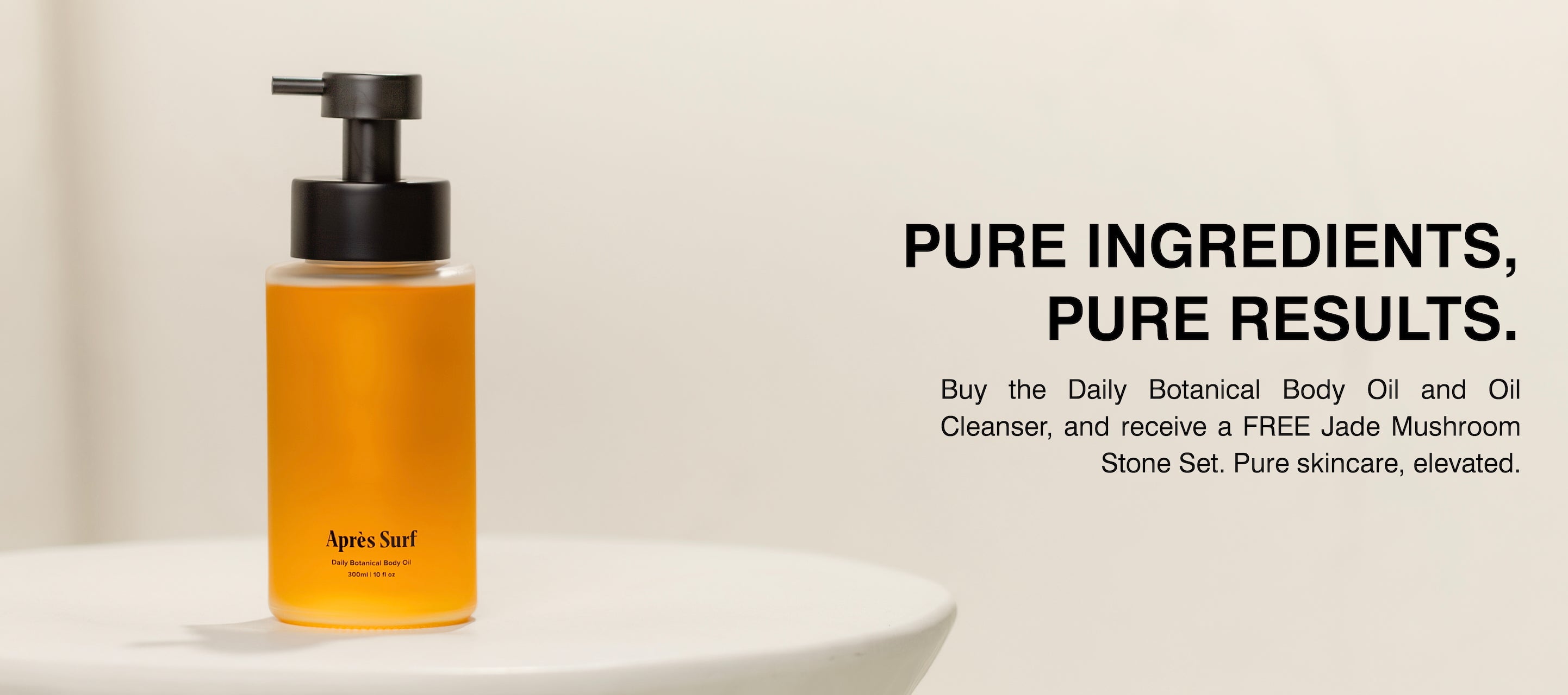 Product shot of a bright orange, minimalist body oil bottle labeled "Après Surf Daily Botanical Body Oil," emphasizing its natural ingredients and sustainable skincare appeal.